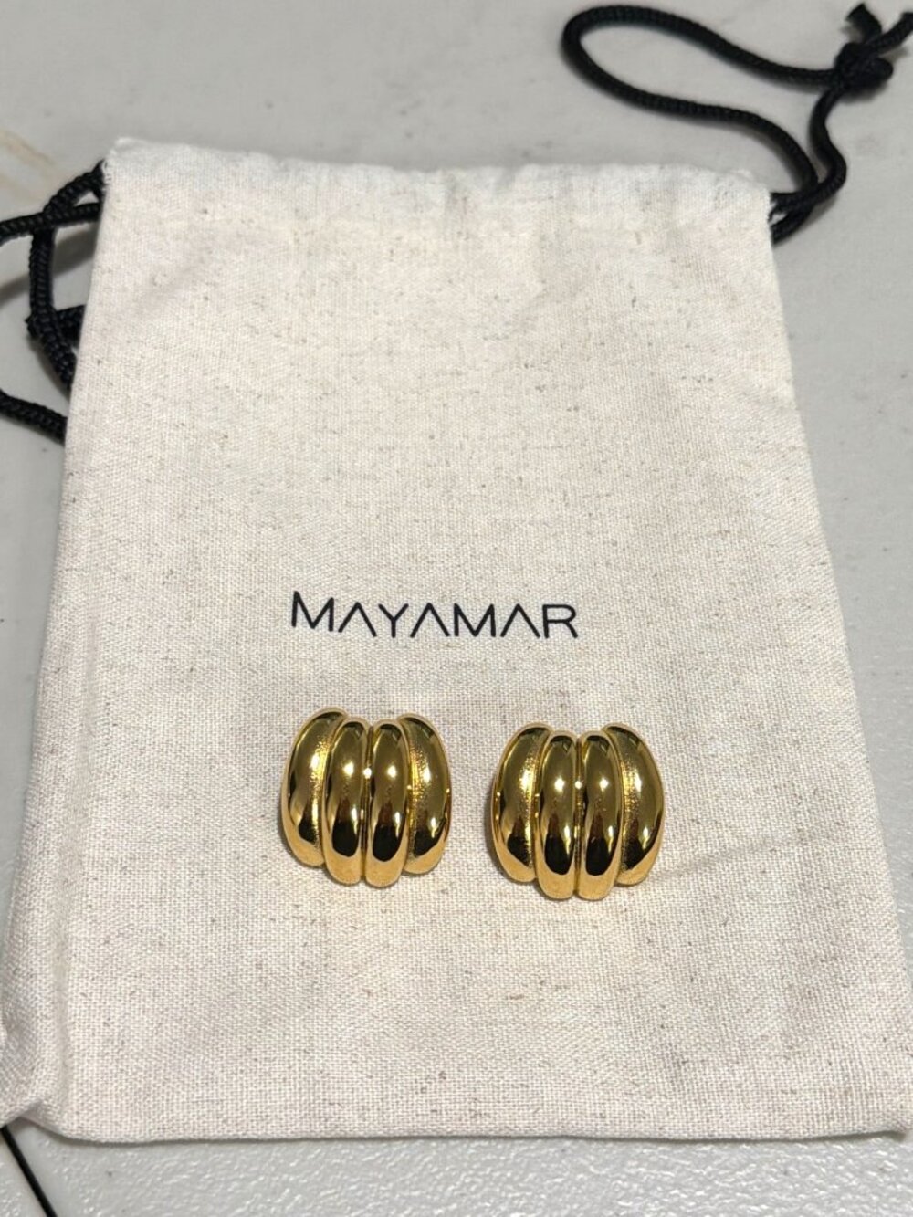 New Gold-Tone Chunky Hoop Ribbed Earrings By Mayamar With Drawstring Pouch